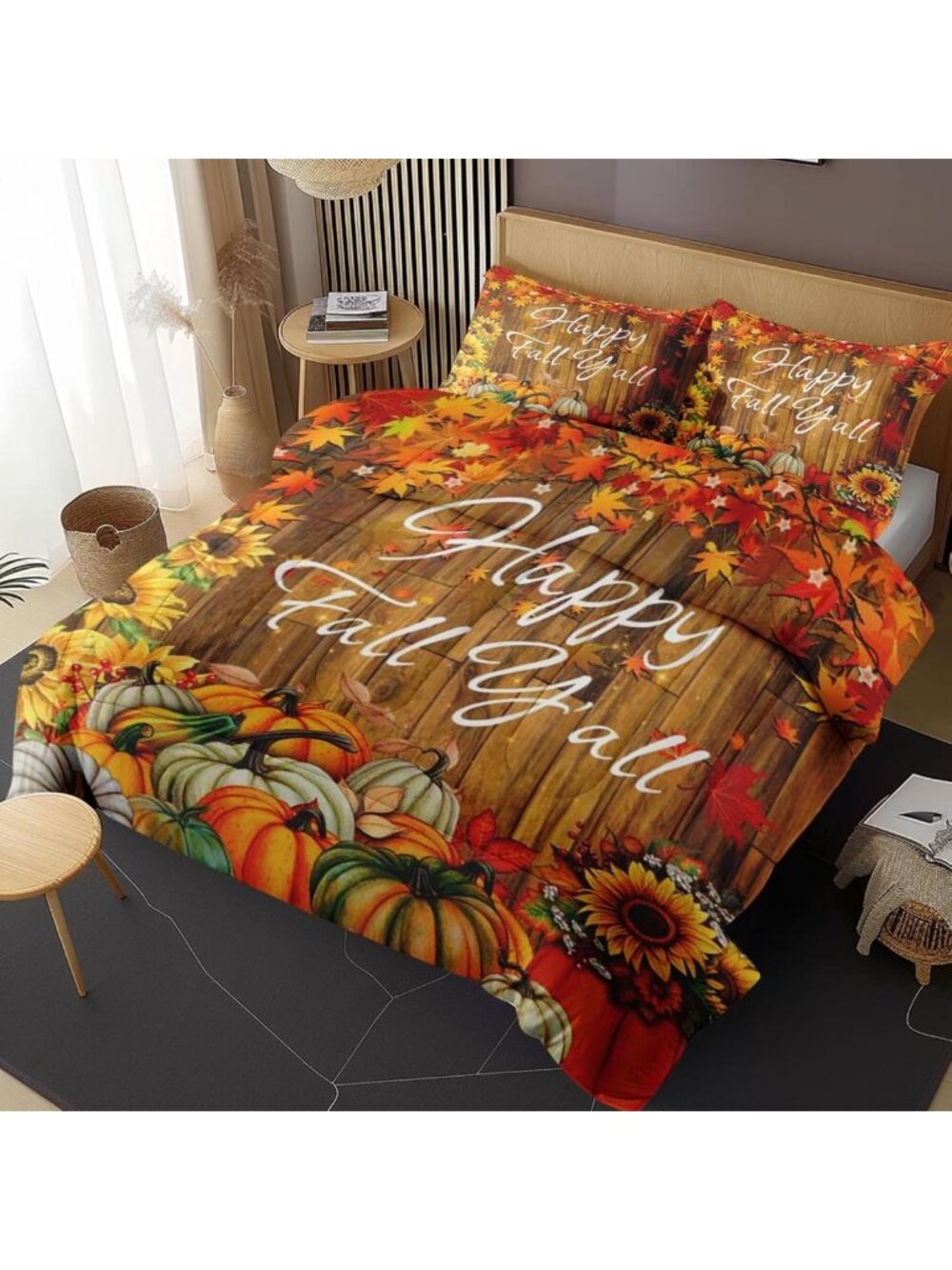 Cozy King Comforter Set of 3, Floral Sunflower & Pumpkin Bedroom Decor